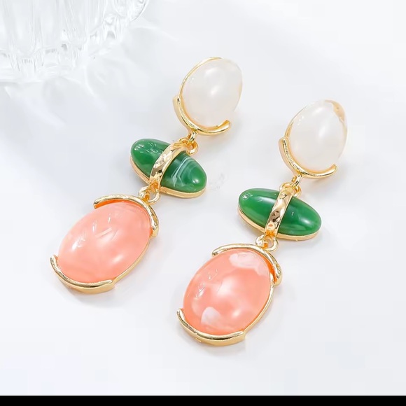 Anthropologie Tricolor Gold Coral Green Drop Earrings - Picture 9 of 11